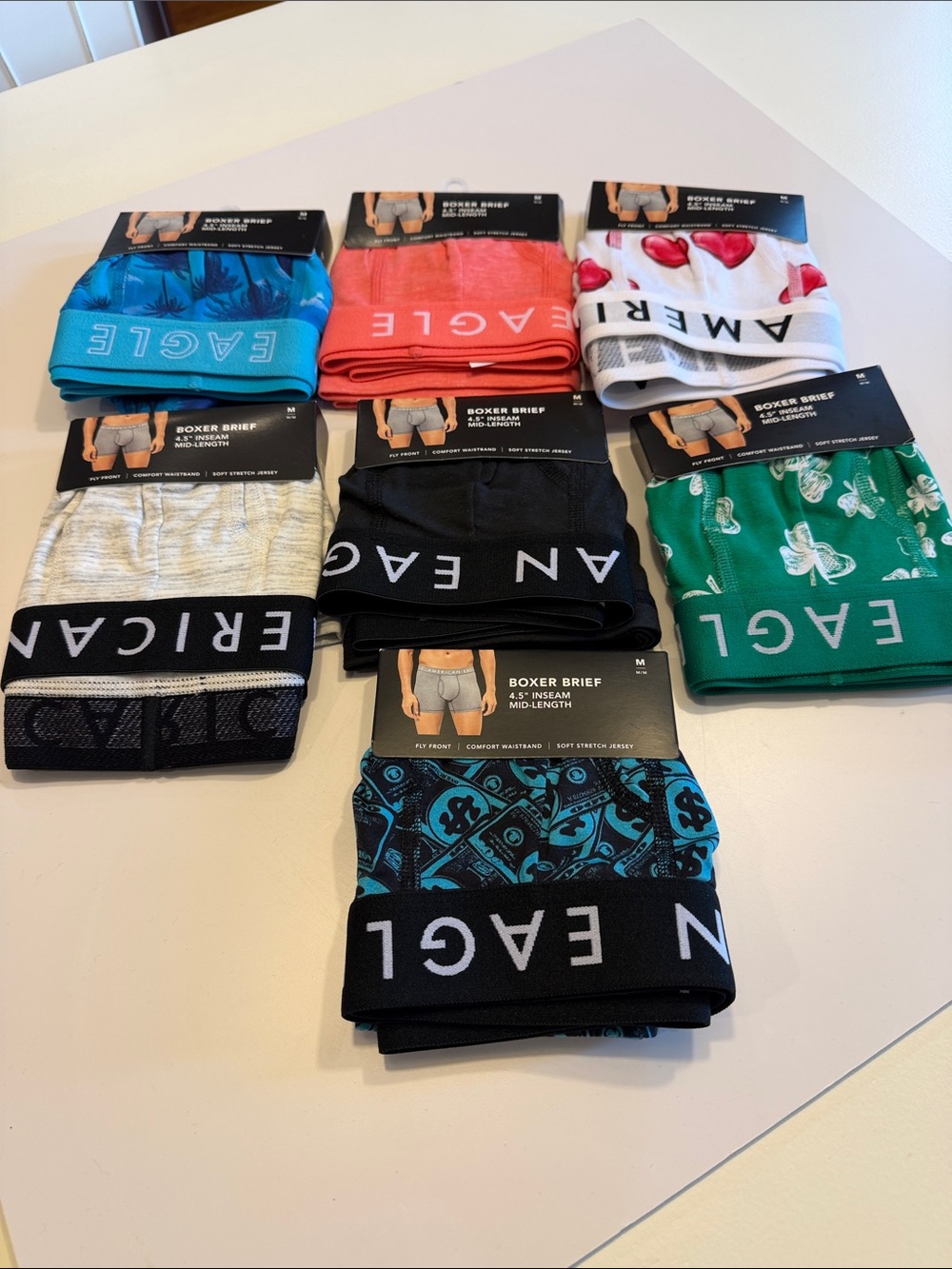 American Eagle Outfitters  (7) Assorted Color Boxer 4’5” Briefs - . Sz M. Box 36